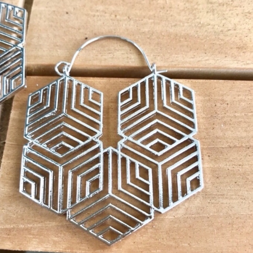 ANTHROPOLOGIE SILVER hexagon Drop HOOP EARRINGS - Picture 4 of 5